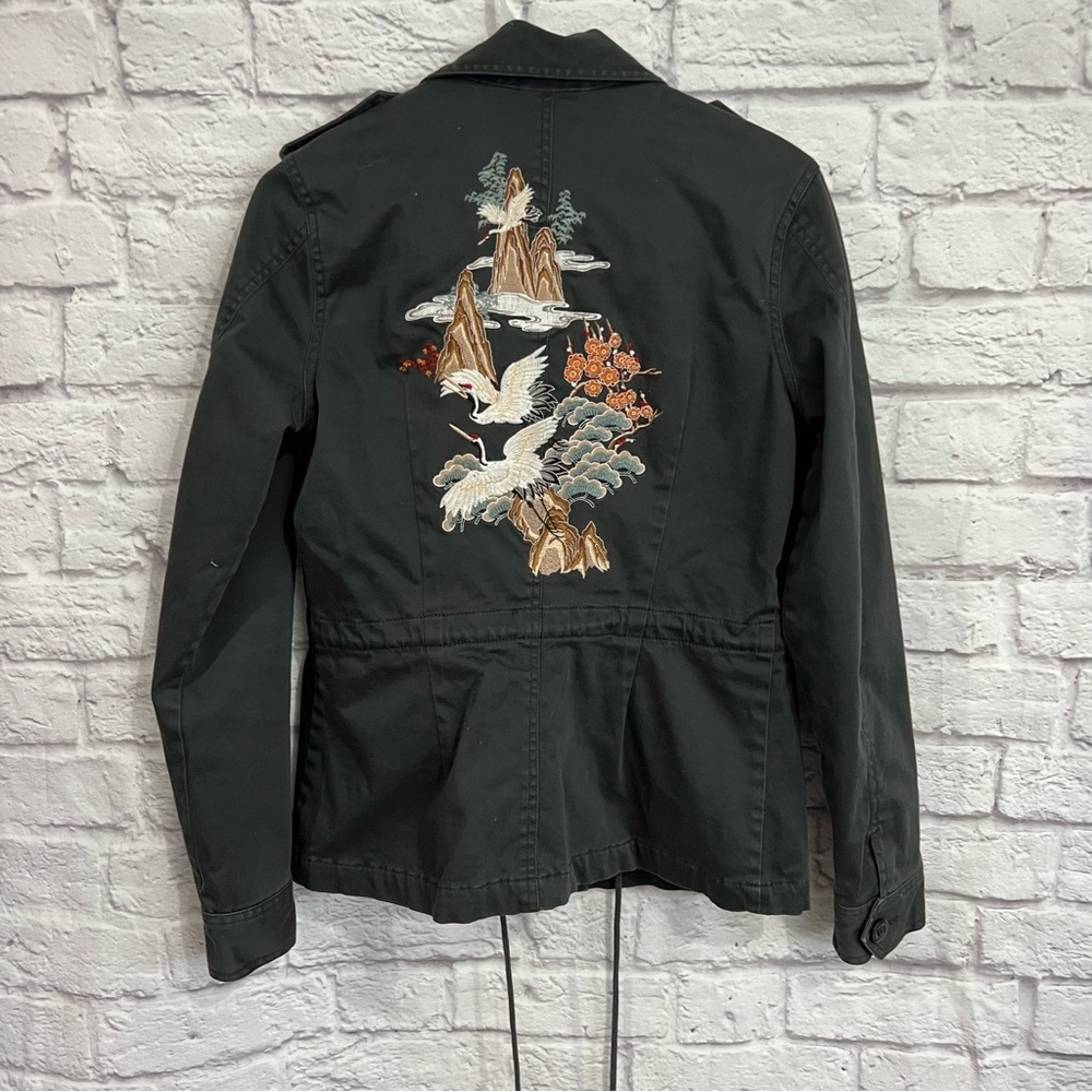 Lucky Brand Black Utility Jacket with Embroidered Crane & Mountain Motif